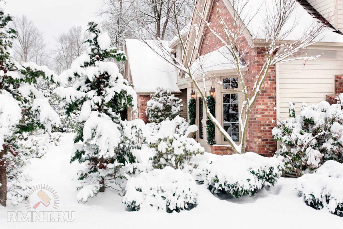 Участок под окном дома. Сад зимой. Ландшафт зимой. Сад в снегу. Заснеженный сад в частном доме.
